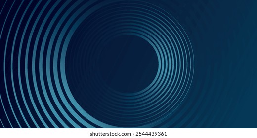 Modern dark blue abstract horizontal banner background with shining geometric lines. Shiny blue diagonal rounded lines pattern. Futuristic concept. Suit for cover, brochure, presentation, flyer, web. 