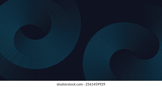 Modern dark blue abstract horizontal banner background with glowing geometric lines. Shiny blue diagonal rounded lines pattern. Futuristic concept.