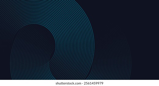 Modern dark blue abstract horizontal banner background with glowing geometric lines. Shiny blue diagonal rounded lines pattern. Futuristic concept.