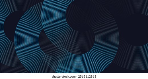 Modern dark blue abstract horizontal banner background with glowing geometric lines. Shiny blue diagonal rounded lines pattern. Futuristic concept. Suit for cover liquid wave
