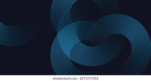 Modern dark blue abstract horizontal banner background with glowing geometric lines. Shiny blue diagonal rounded lines pattern. Futuristic concept. Suit for cover liquid wave