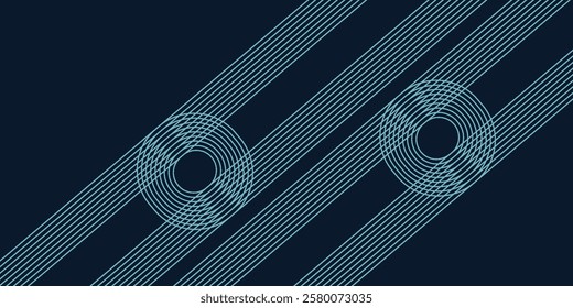 Modern dark blue abstract horizontal banner background with shining geometric lines. Shiny blue rounded diagonal stripes pattern. Futuristic concept.