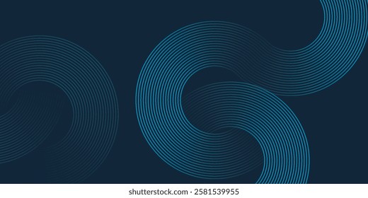 Modern dark blue abstract horizontal banner background with glowing geometric lines. Shiny blue diagonal rounded lines pattern. Futuristic concept. Suit for cover liquid wave 
