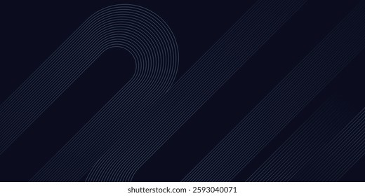 Modern dark blue abstract horizontal banner background with glowing geometric lines. Shiny blue diagonal rounded lines pattern. Futuristic concept. Suit for cover, brochure, presentation, flyer, web