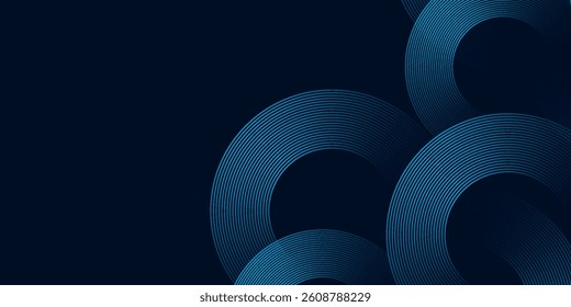 Modern dark blue abstract horizontal banner background with glowing geometric lines. Shiny blue diagonal rounded lines pattern. Futuristic concept. Suit for cover liquid wave