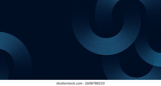Modern dark blue abstract horizontal banner background with glowing geometric lines. Shiny blue diagonal rounded lines pattern. Futuristic concept. Suit for cover liquid wave