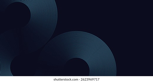 Modern dark blue abstract horizontal banner background with glowing geometric lines. Shiny blue diagonal rounded lines pattern. Futuristic concept.