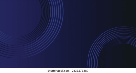 Modern dark blue abstract horizontal banner background with glowing geometric lines. Shiny blue diagonal rounded lines