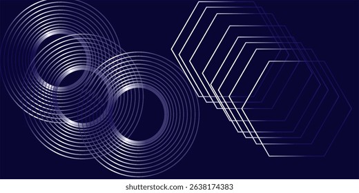 Modern dark blue abstract horizontal banner background with glowing geometric lines.Suitable for covers, brochures, presentations, flyers. vector.