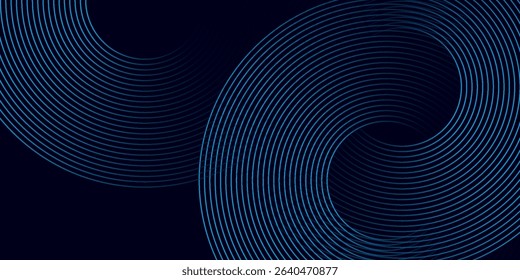 Modern dark blue abstract horizontal banner background with glowing geometric lines. Shiny blue diagonal rounded lines pattern. Futuristic concept. vector eps10