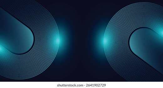 Modern dark blue abstract horizontal banner background with glowing geometric lines. Shiny green diagonal rounded lines pattern.