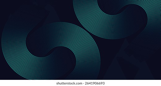 Modern dark blue abstract horizontal banner background with glowing geometric lines. Shiny green diagonal rounded lines pattern.