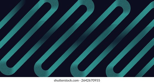 Modern dark blue abstract horizontal banner background with glowing geometric lines. Shiny green diagonal rounded lines pattern.