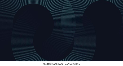 Fondo de Anuncio Horizontal abstracto azul oscuro moderno con líneas geométricas brillantes. Patrón de líneas redondeadas diagonales verdes brillantes. Ilustración vectorial