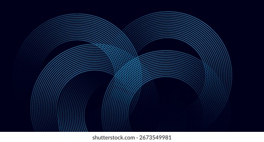 Plano de fundo horizontal abstrato azul escuro moderno com linhas geométricas brilhantes. Padrão de linhas arredondadas azul brilhante diagonal. 