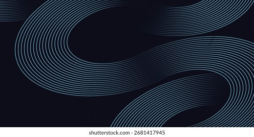 Modern dark blue abstract horizontal banner background with glowing geometric lines. Shiny blue diagonal rounded lines pattern. Futuristic concept. Suit for cover, brochure, presentation, flyer, web