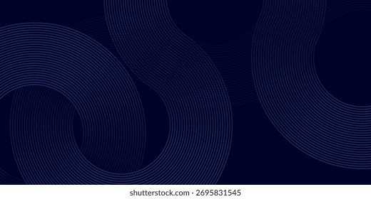 Modern dark blue abstract horizontal banner background with glowing geometric lines. Shiny blue diagonal rounded lines pattern. Futuristic concept. Suit for cover, brochure, presentation, flyer, web