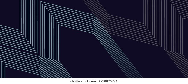 Fundo de banner horizontal abstrato azul escuro moderno com linhas geométricas brilhantes. Adequado para capas, brochuras, apresentações, folhetos.
