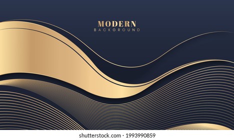 Modern dark blue background. Gradient golden linear background with abstract waves. Luxury and elegant style template. Simple composition with wave curve shapes design. Vector illustration