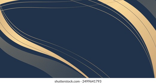 Moderner dunkelblauer Hintergrund. Farbverlauf goldfarbener, linearer Hintergrund mit abstrakten Wellen. Luxuriöse und elegante Vorlage. Vektorgrafik