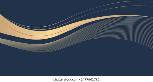 Modern dark blue background. Gradient gold linear background with abstract waves. Luxury and elegant style template. Vector illustration