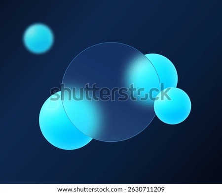 Modern dark blue background with a transparent circular panel and glowing 3D spheres, perfect for landing page 
