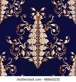 Modern dark blue baroque damask floral vector seamless pattern background wallpaper illustration with vintage abstract black and gold 3d antique medieval grapes, flowers and ornaments.Baroque ornament
