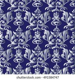 Modern dark blue  baroque damask vintage vector seamless pattern background illustration.with 3d  antique floral medieval baroque silver 3d flowers and ornaments.