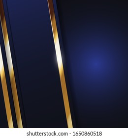 Modern dark blue and black luxury background in elegant combination bright gold stripes in fancy vector geometric shape design style