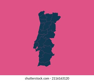 Modern Dark Blue Color High Detailed Border Map Of Portugal, Isolated on Pink Background Vector Illustration