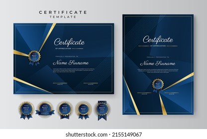 Modern dark blue and gold premium certificate of achievement template. Vector illustration for multipurpose business, corporate and education needs