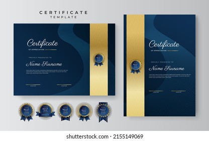 Modern dark blue and gold premium certificate of achievement template. Vector illustration for multipurpose business, corporate and education needs