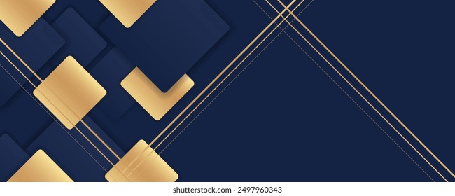 Modernes dunkles Blau und goldene Farbe quadratische Überlappung Muster auf dunklem Hintergrund mit Schatten. Abstrakte trendige Farbe geometrische Form mit Kopienraum. Luxus und elegantes Konzept.