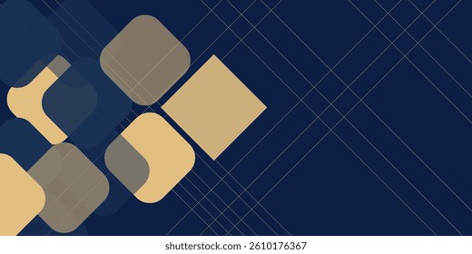 Modern dark blue and golden color square overlap pattern on dark background with shadow. Abstract trendy color geometric shape with copy space. Luxury and elegant concept.