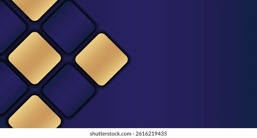 Modern dark blue and golden color square overlap pattern on dark background with shadow. Abstract trendy color geometric shape with copy space. 