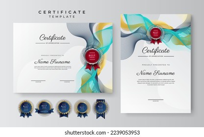 Modern dark blue and green turquoise certificate award. Certificate of achievement template with gold badge and border