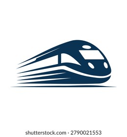 Modern dark blue highspeed train icon representing fast transportation and travel with motion blur effect