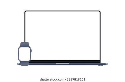 Modern Dark Blue Laptop and Smart Watch With Blank Screens. Vector Illustration