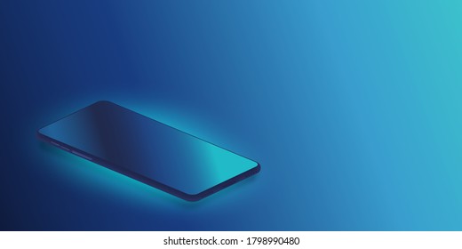 Modern dark blue smart phone lies on blue surface background. Realistic vector illustration.