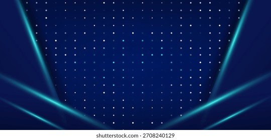 Fondo de tecnología azul oscuro moderno con rayos de luz brillantes abstractos y un patrón de cuadrícula digital punteada. Ideal para presentaciones corporativas, eventos virtuales y diseños de temática tecnológica.