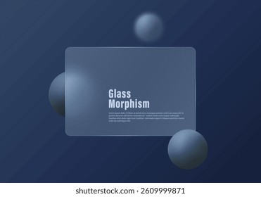 Modern dark blue vector design with glass morphism style, translucent frosted panel, and soft glowing 3D spheres in a deep gradient layout.