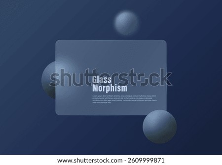 Modern dark blue vector design with glass morphism style, translucent frosted panel, and soft glowing 3D spheres in a deep gradient layout.