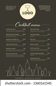 Modern dark brown minimalistic cocktail menu template with two columns design layout and nice typography