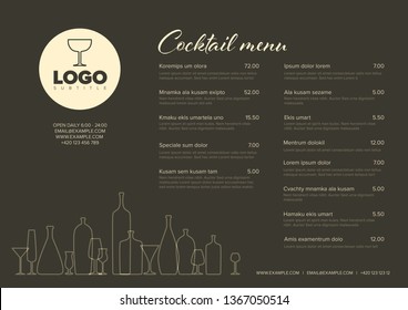 Modern Dark Brown Minimalistic Cocktail Menu Template With Two Columns Horizontal Design Layout And Nice Typography