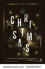 Modern dark christmas card template with big letters and golden handdrawn elements on brown background and some lights