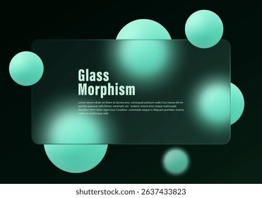 Modern dark composition in glass morphism style with matte panel and glowing 3D spheres in sea green on black and green background.