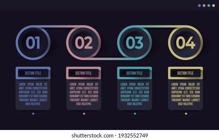 Modern dark dashboard infographic elements design. Corporate workflow graphic elements. Company flow chart presentation slide template.