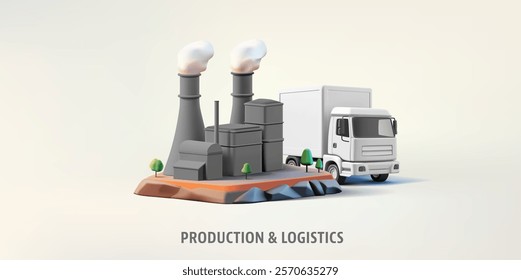 Modern dark factory building with pipes and diesel engine, white truck, 3D. Banner for production and delivery concepts. Industry, production. Vector illustration.