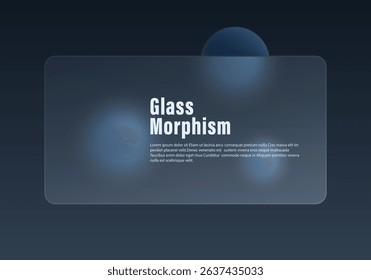 Modern dark glass morphism UI mockup with matte panel and muted blue 3D spheres on gradient background.