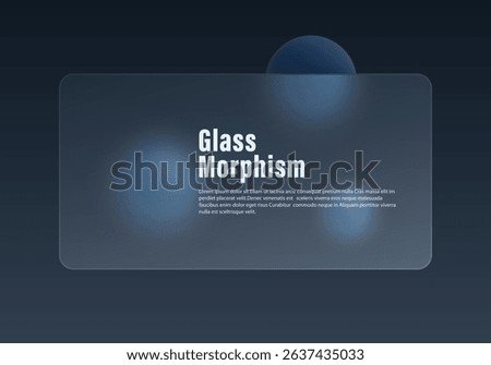 Modern dark glass morphism UI mockup with matte panel and muted blue 3D spheres on gradient background.